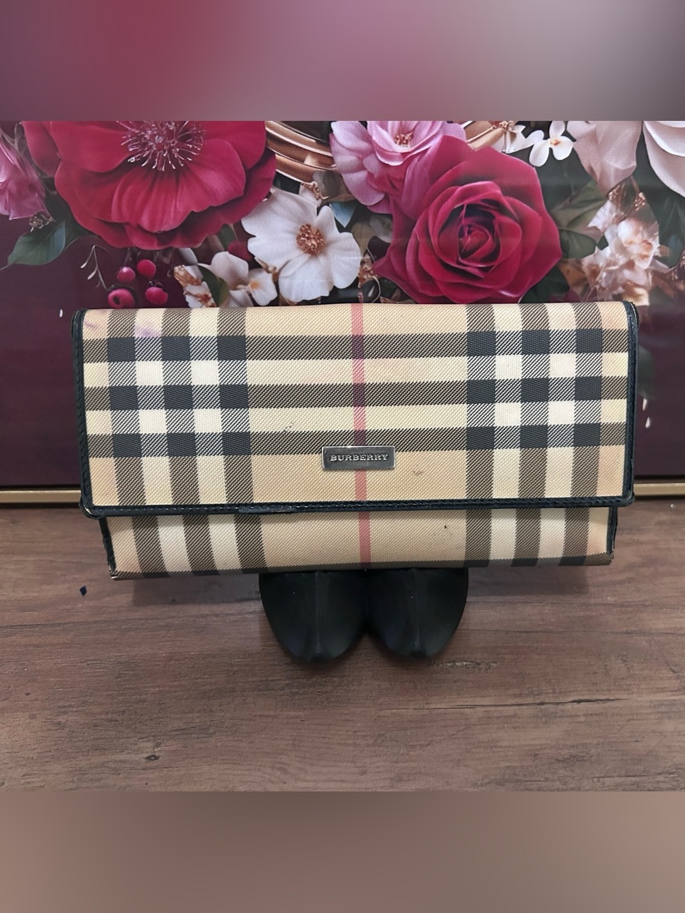 Burberry Tan Check Continental Wallet with Black Trim and Red Stripe